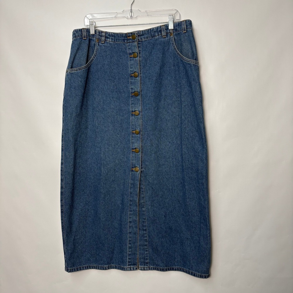Eddie Bauer Vintage Denim Maxi Skirt Womens 16 Blue Button Front Cotton 90s Long